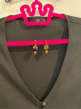 Black and Gold Glass Drop Earrings with Ornate Gold Leaf Accents and Vermeil